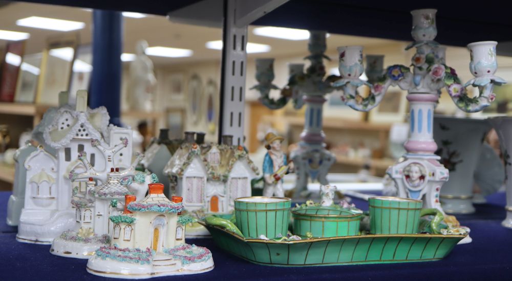 A dressing table set, a three branch candelabra and a collection of Staffordshire pastille burners, etc.